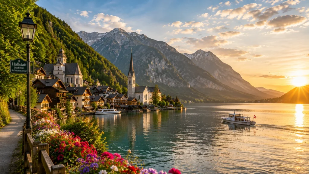 Hallstatt village in Austria beside a mountain lake at sunset, surrounded by alpine peaks, flowers, and historic churches.
