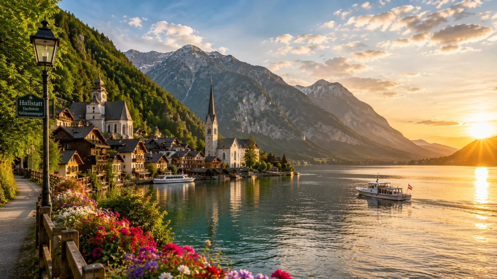 Hallstatt village in Austria beside a mountain lake at sunset, surrounded by alpine peaks, flowers, and historic churches.