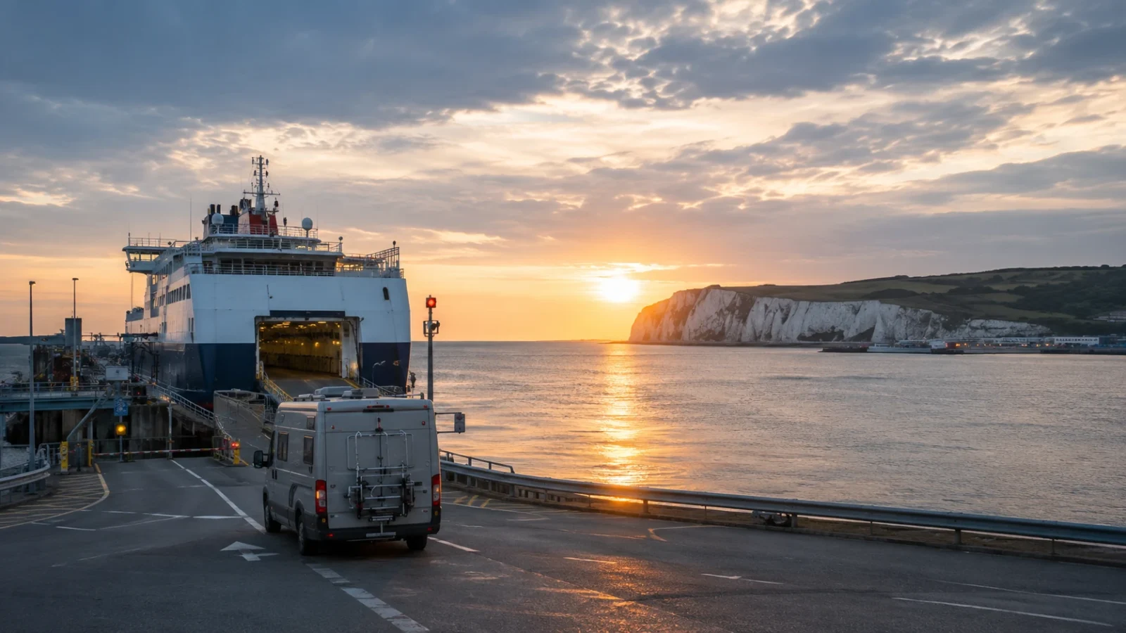 Camper van boarding a ferry at sunset for a road trip to the UK and Ireland