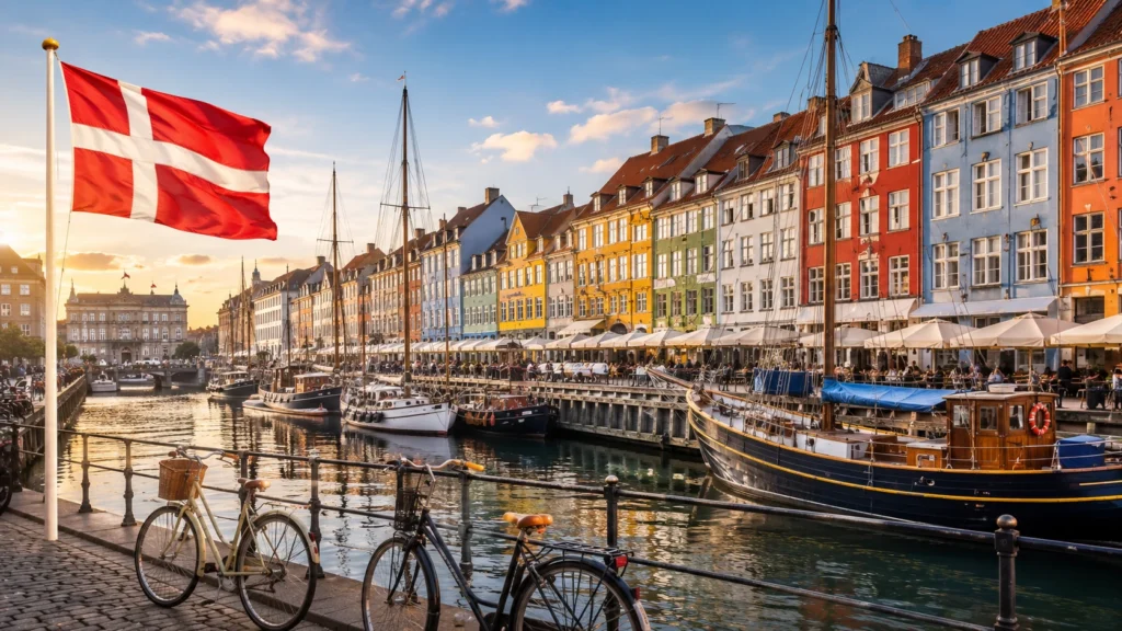 Nyhavn harbor in Copenhagen, Denmark, with colorful historic buildings, boats, bicycles, and the Danish flag at sunset.
