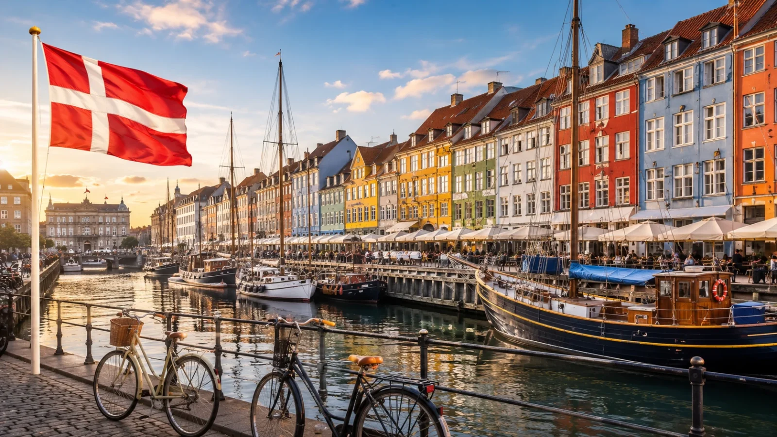 Nyhavn harbor in Copenhagen, Denmark, with colorful historic buildings, boats, bicycles, and the Danish flag at sunset.