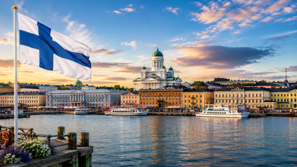 Helsinki waterfront in Finland with the Finnish flag, Helsinki Cathedral, historic buildings, and boats at sunset.