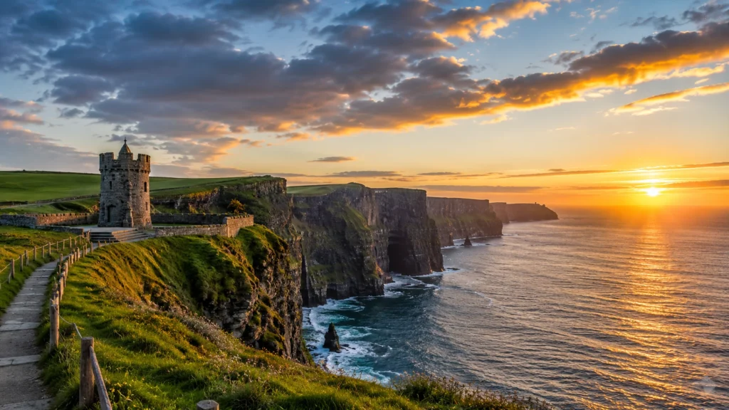 Cliffs of Moher in Ireland with O’Brien’s Tower overlooking the Atlantic Ocean at sunset.