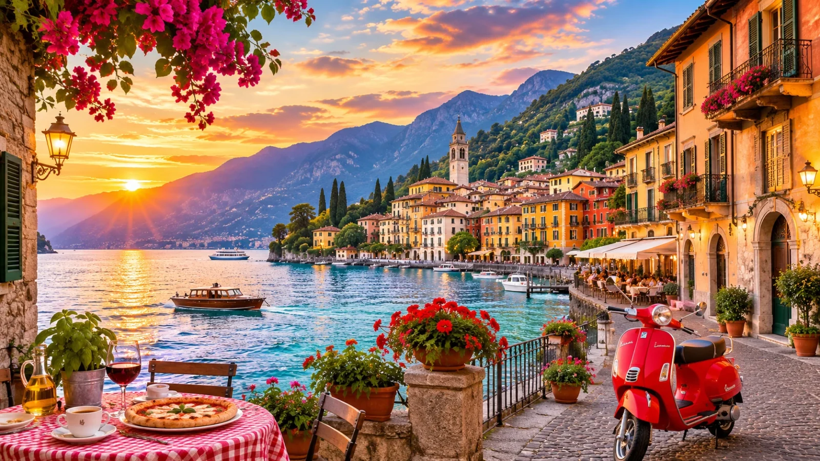 Colorful lakeside village on Lake Como, Italy, with boats, flowers, mountains, and a red Vespa at sunset.