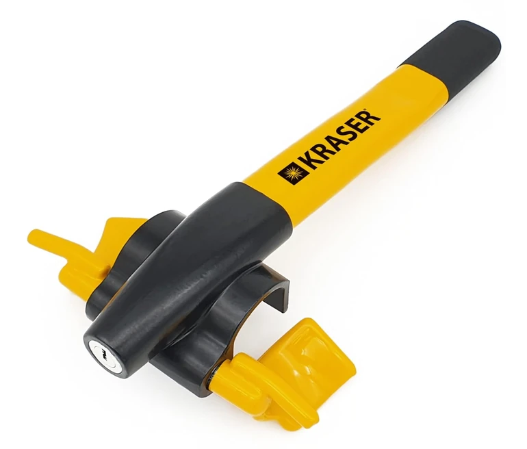 Yellow and black KRASER steering wheel security lock displayed on a white background.