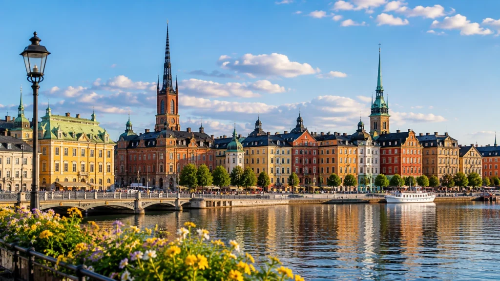 Stockholm waterfront in Sweden with colorful historic buildings, church spires, flowers, and boats under a bright blue sky.