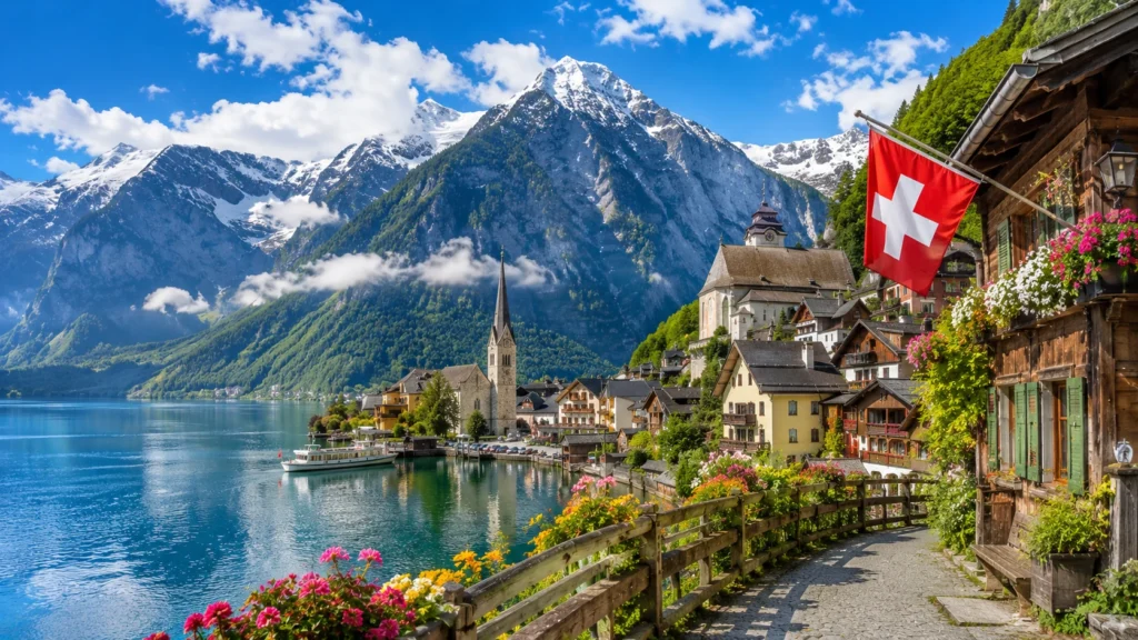 Swiss alpine village beside a clear mountain lake with traditional chalets, flowers, snow-capped peaks, and the Swiss flag.