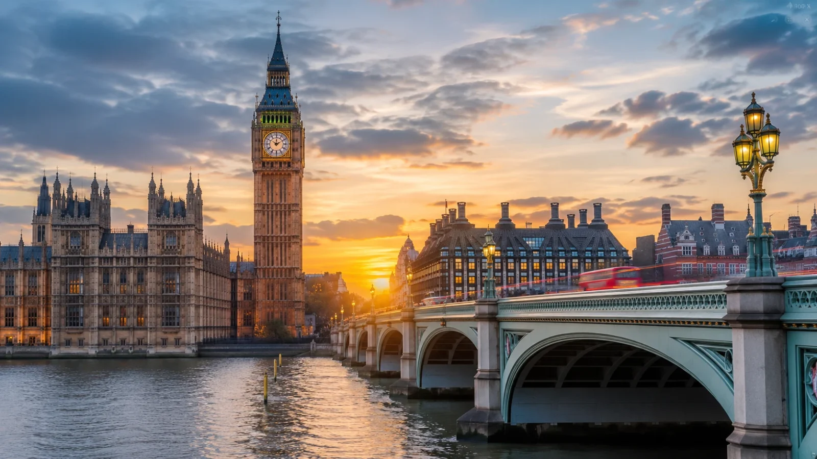Palace of Westminster and Elizabeth Tower beside Westminster Bridge in London at sunset.