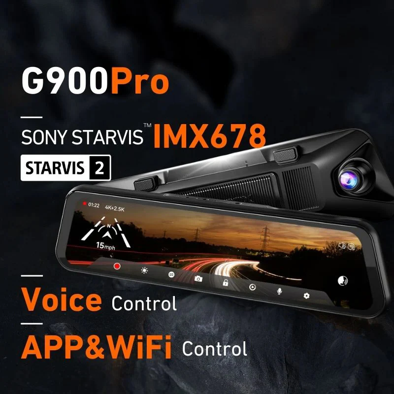 Product image of the G900Pro rearview mirror dash cam with a Sony STARVIS IMX678 sensor. The image shows a modern mirror-style dash cam display with driving footage and highlights key features such as voice control, app control and WiFi connectivity. Suitable for product pages, car accessory recommendations, dash cam reviews or comparison articles.
