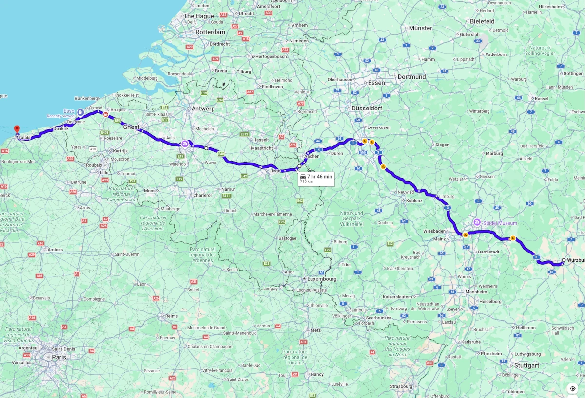 Germany to Calais route map from Bavaria via Frankfurt, Cologne, Eschweiler, Brussels and Nieuwpoort, with an alternative route to Dunkirk.