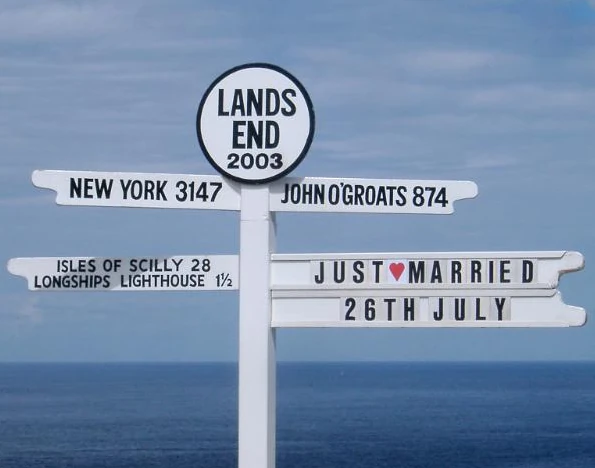 The classic Land's End signpost showing distances to New York, John o' Groats, and Longships Lighthouse