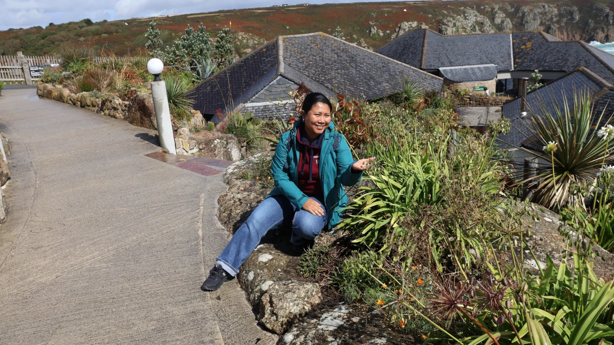Visitor exploring the sub-tropical plants in the Minack Garden with the theatre buildings and coastline behind