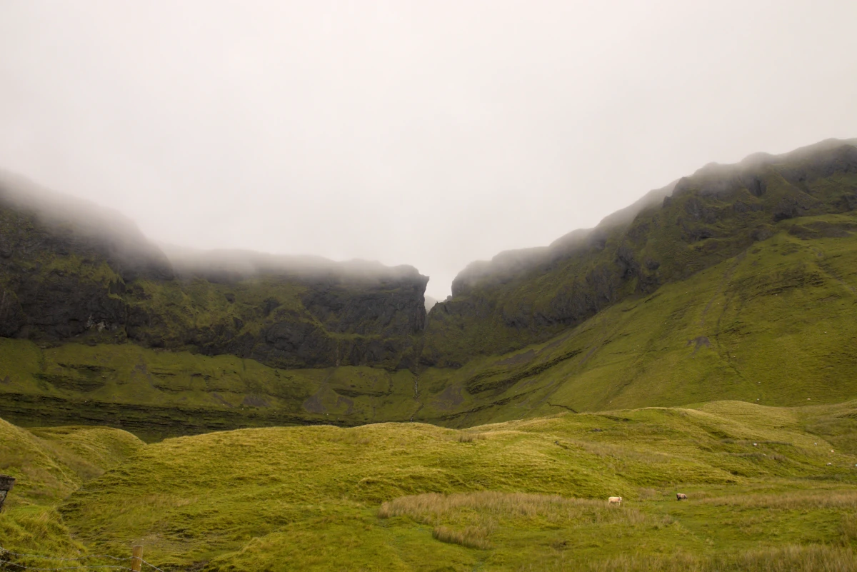 Misty Gleniff Horseshoe valley with green mountain slopes in County Sligo, Ireland