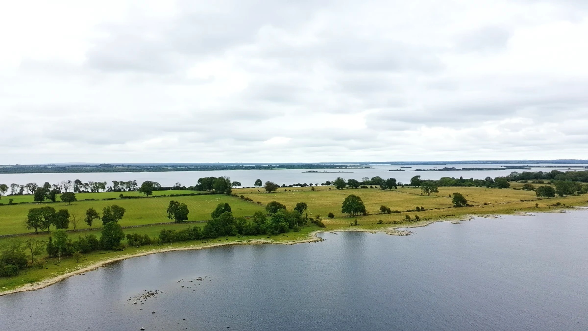 Drone view over Lough Ree from Judy's Harbour Car Park in County Roscommon, Ireland