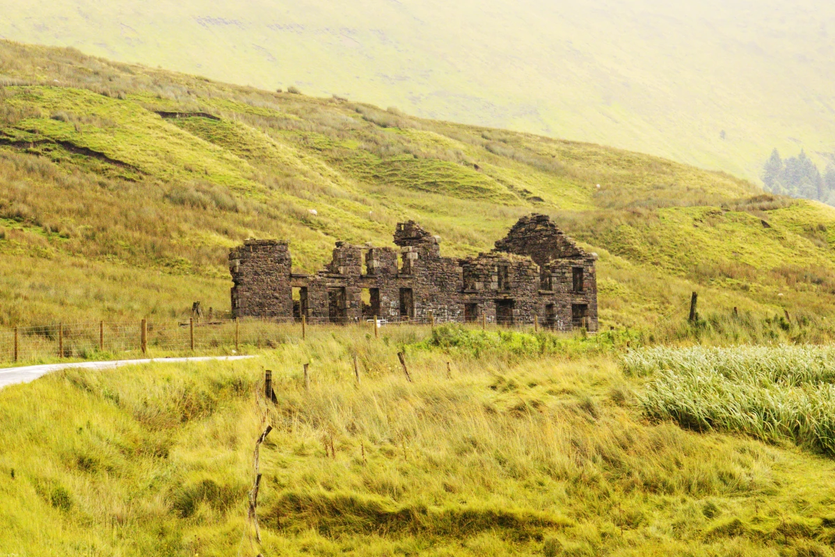 Old stone ruins beside the Gleniff Horseshoe road in County Sligo, Ireland