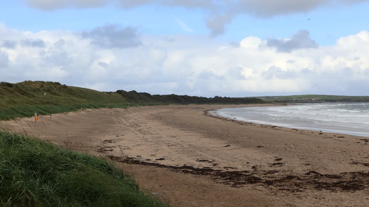 Dunmoran Beach in County Sligo, Ireland: a wide sandy beach curving along grassy dunes, with waves rolling in under a cloudy sky.