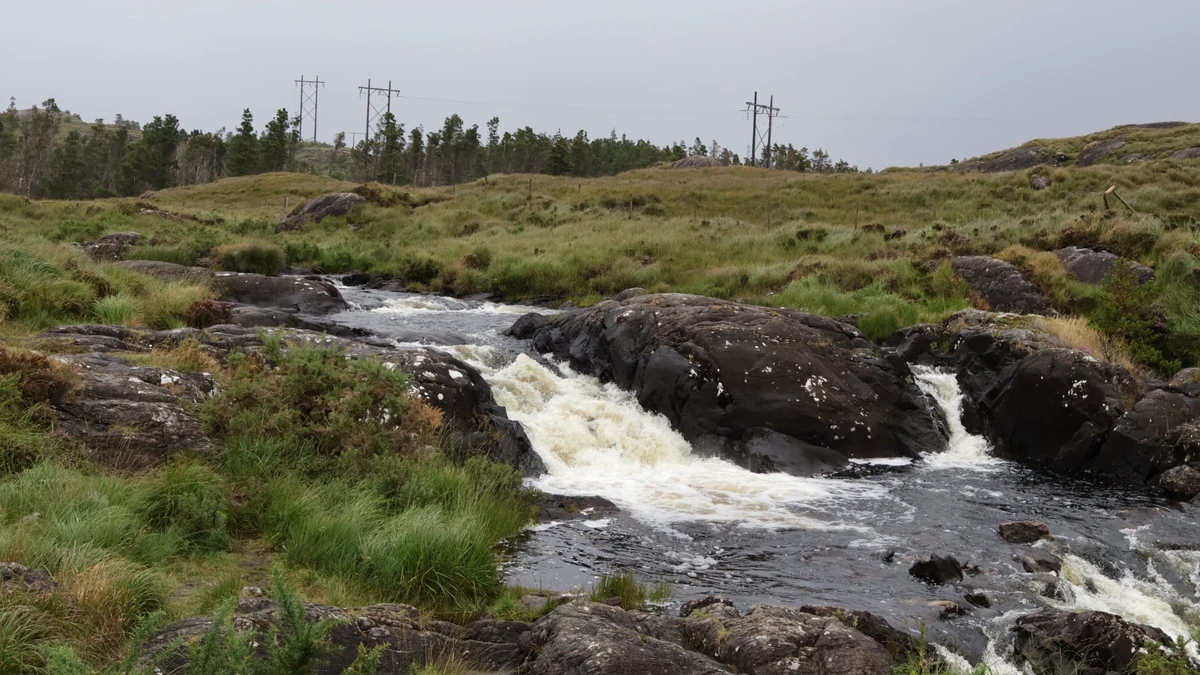 Screebe Waterfall flowing over dark rocks surrounded by grass and bogland in Connemara